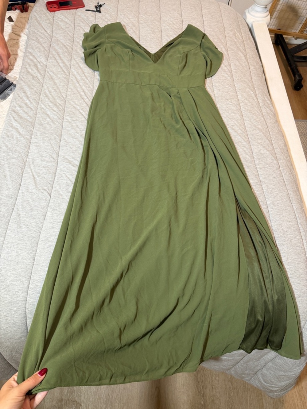 Olive Green V-Neck Maxi Dress with Cap Sleeves